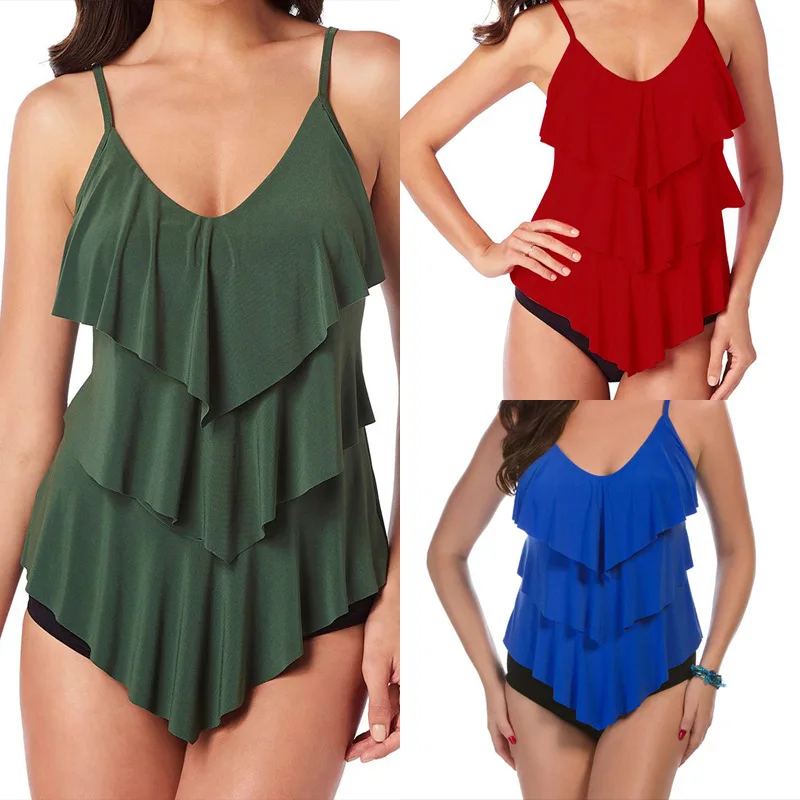 

Vertvie Plus Size Tankini Set Padded Mujer Swimsuit Solid Ruffled Bikini Suits Push UpTwo Pieces Swimming Low Cut Beach Wear
