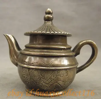 

Folk Chinese Bronze Copper Lucky Carved Kid Child Bat Statue Teapot Wine Pot