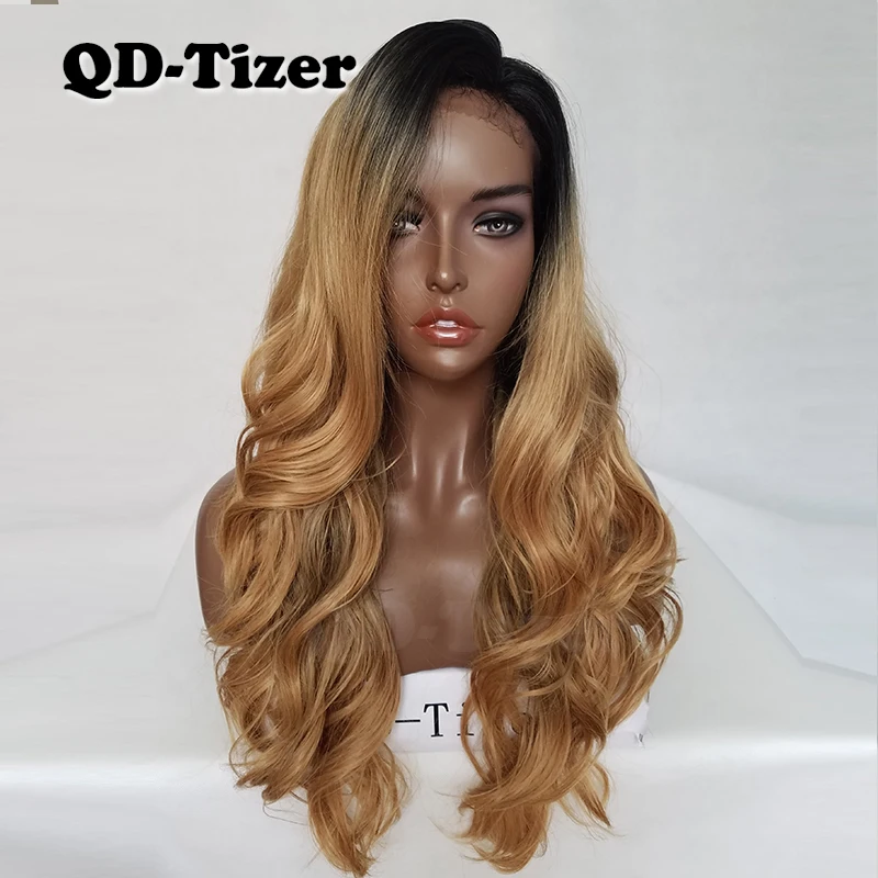 

QD-Tizer Blonde Ombre Hair Long Body Wave Synthetic Lace Front Wigs Glueless with Baby Hair Two Color Lace Wigs
