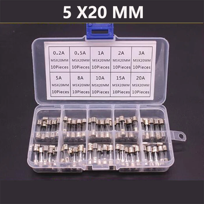 

Free Shipping 100Pcs Set 5x20mm Quick Blow Glass Tube Fuse DIY Assorted Kits Fast-blow Glass Fuses