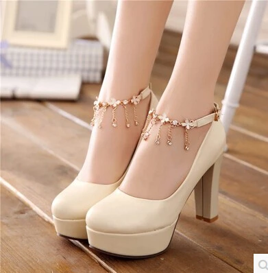 

Occupational shoes metal chain beige wedding shoes bridal shoes OL temperament diamond buckle waterproof ultra-high heel shoes
