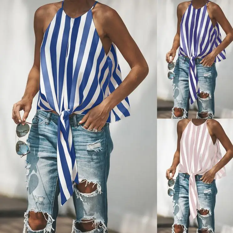 2018 Autumn New Women Casual Blouses Multicolor Bohemian Striped Loose Blouse Sleeveless Bow Lace-Up Sexy Shirt Blouses