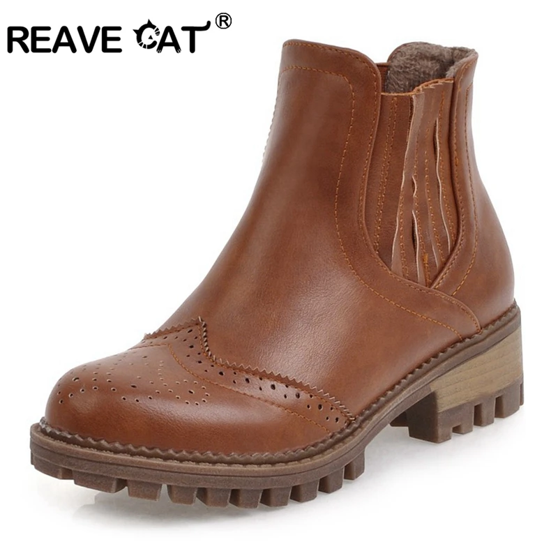 

REAVE CAT Size 33-43 Sexy Lady Highe Heel Boots Women Patchwork Hallow Out Round Toe Thick Heels Boot Vintage Party Botas Mujer