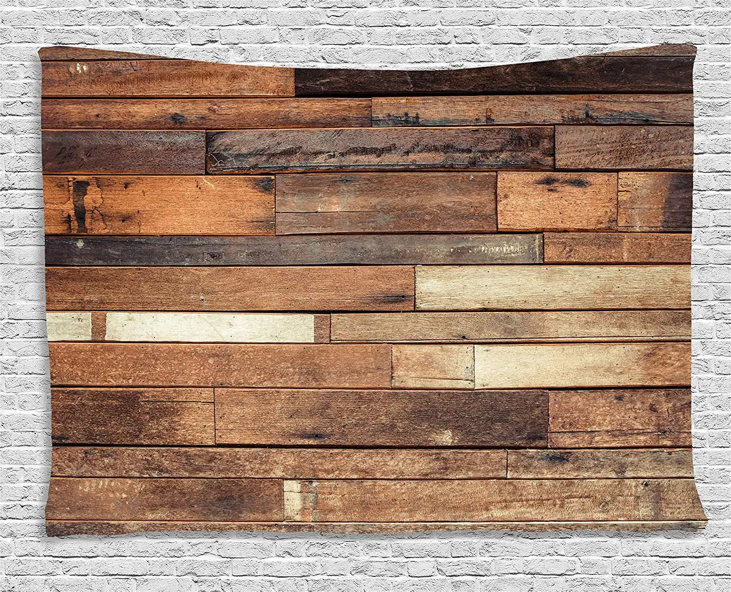 

Wooden Wall Hanging Tapestry Rustic Floor Planks Print Grungy Look Farm House Country Style Walnut Oak Grain Image Decor Brown