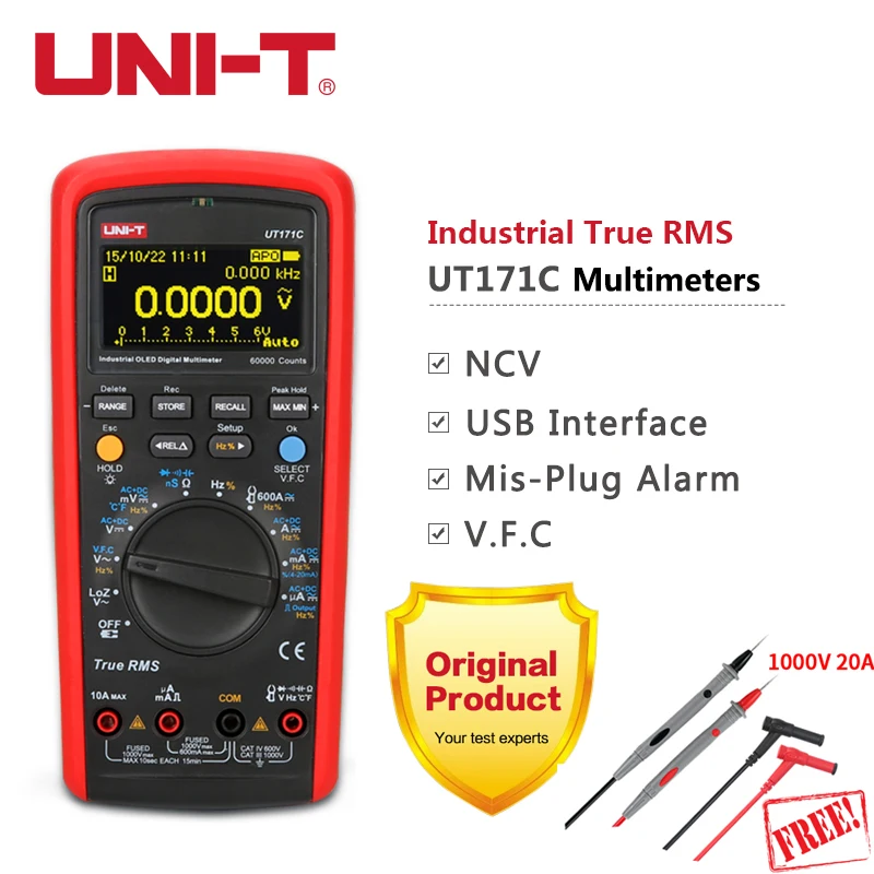 

UNI-T UT171C Industrial Digital Multimeters True RMS 1000V Auto Range Admittance Resistance Tester USB NCV Temperature
