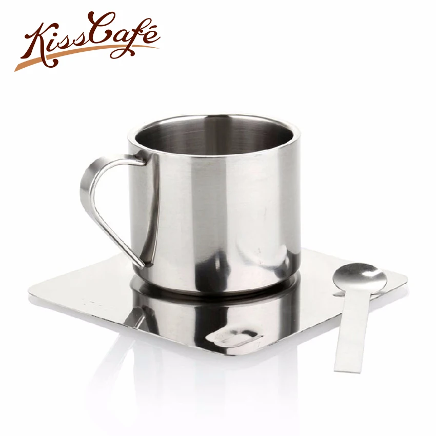 

100ml Double Stainless Steel Coffee Mug and Saucer Set Insulation Coffee Cup with Spoon Coffee Tea Water Cup New With Handle