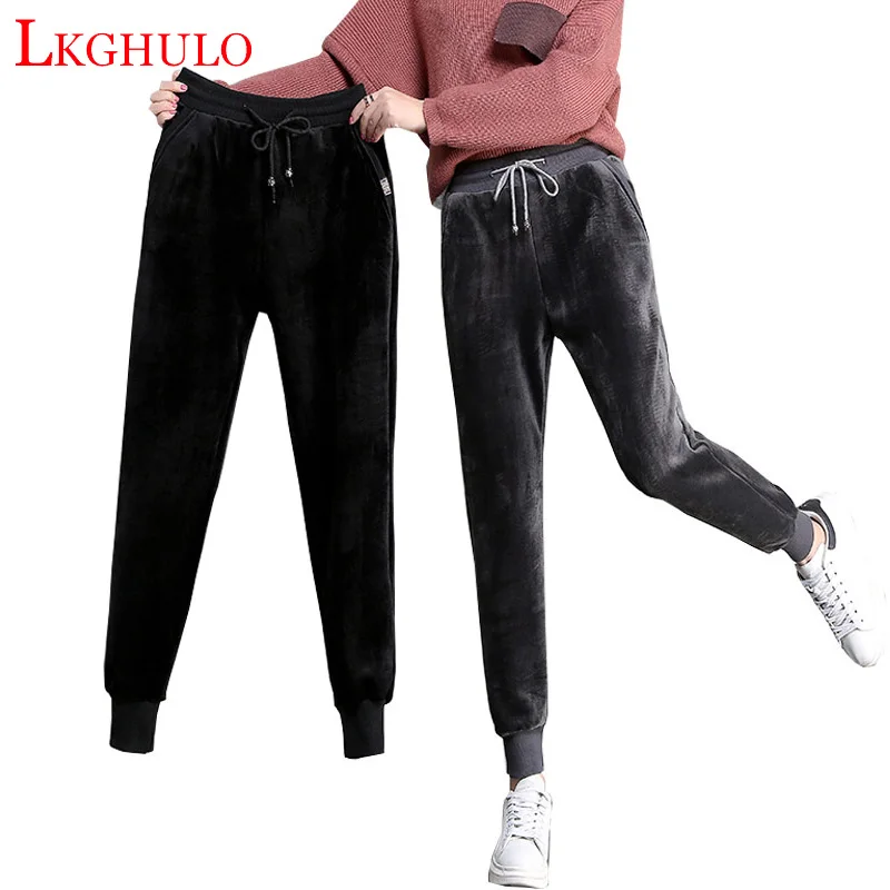 LKGHULO зимние плюс размер 5XL бархатные брюки женские эластичные шаровары с высокой талией теплые Свободные флисовые тренировочные штаны