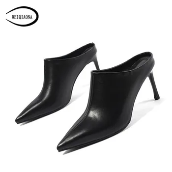 

WEIQIAONA 2019 New Spring fashion women pumps Genuine leather Sexy pointed toe Mules shoes flip flop women's Stiletto High heel