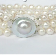 Блестящая 3row 10 мм круглый белый жемчужный браслет блистерной 9 благородный стиль естественно прекрасно jewe быстрая