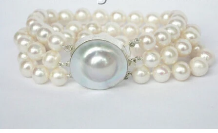 

lustrous 3row 10mm round white pearl Bracelet blister 9 Noble style Natural Fine jewe Fast SHIPPING