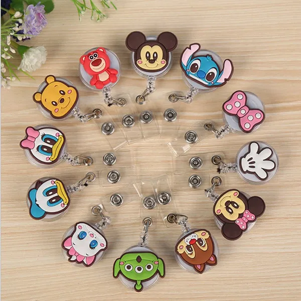 

Wholesales 24 Pieces/lot Silicone Retractable Nurse Badge Reel Clip Cartoon Mickey Minnie Stitch Bow ID Card Badge Holder