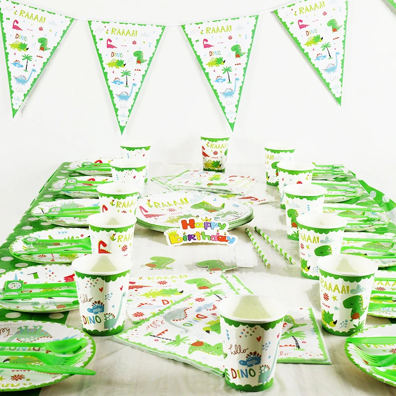 

New Dinosaur Party Decoration Kit Kids Plates Cups Napkins Table Cover Flag Baby Shower Birthday Decors Kids Party Supplies