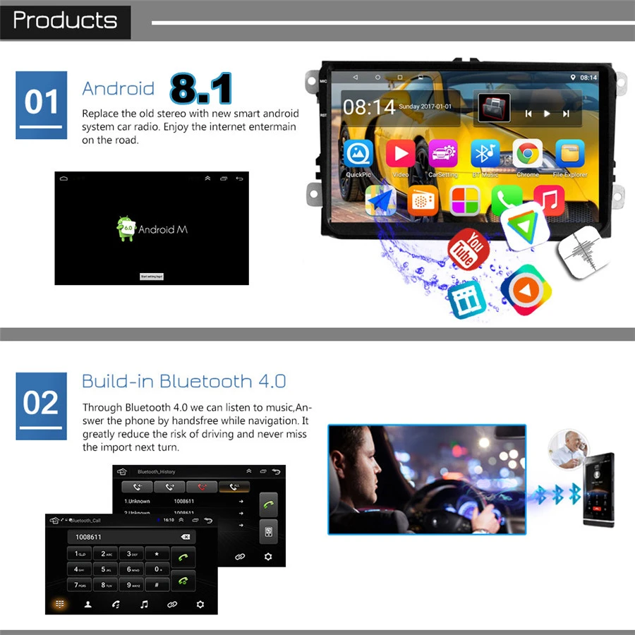 Excellent 9"Auto radio Android 8.1 Touch Screen GPS Navigation Car Stereo for VW Golf Polo Skoda(See the details page for specific model) 2