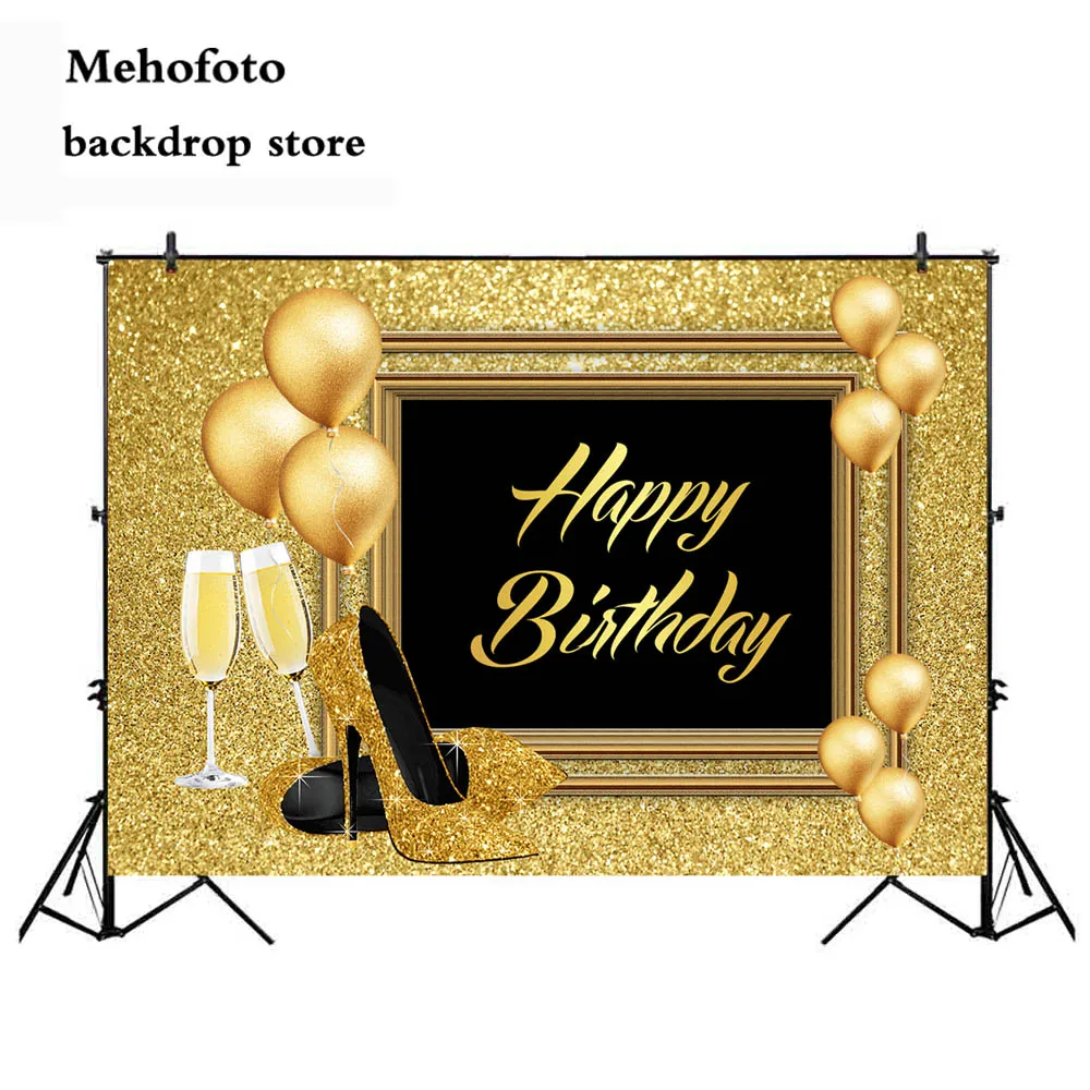 

Party Glitter Photo Background 30th 40th 50th 60th Happy birthday Photography Backdrop Party Golden Frame High heels Balloon 152