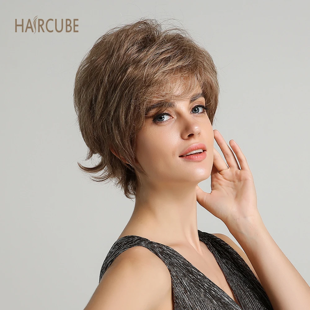 Haircube " короткий синтетический женский парик с боковой челкой смешанные 50% настоящие человеческие волосы естественный вид и длительный стиль