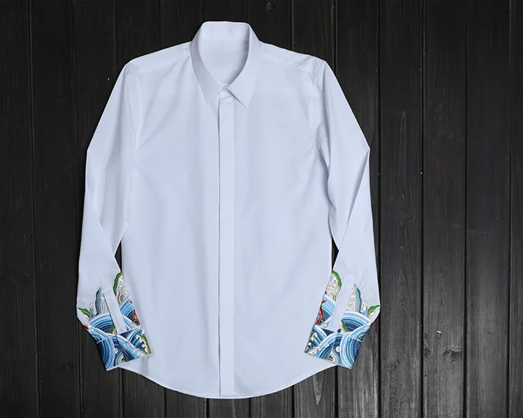 High end с длинными рукавами Вышивка оригинальный хлопчатобумажная рубашка мужские Брендовые повседневные белые мужские рубашки модная