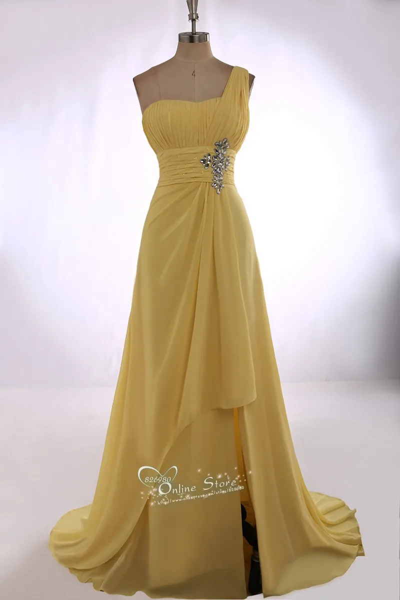 2015 New Exquisite A Line One Shoulder Crystal Sleeveless Long Chiffon Vestidos Formal Evening font b