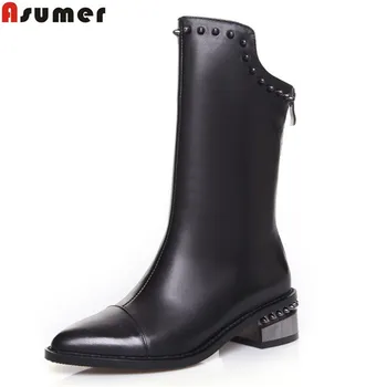 

ASUMER 2020 hot sale new arrive women boots fashion zipper black genuine leather pointed toe ladies boots simple mid calf boots