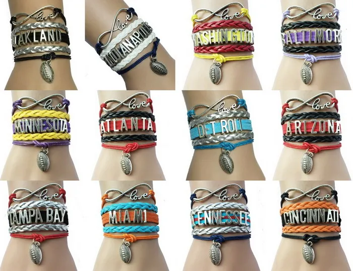 

Drop Shipping City Name Football Bracelets Leather Braided Wrap Football Fans Club Wristbracelets Friendship Gift