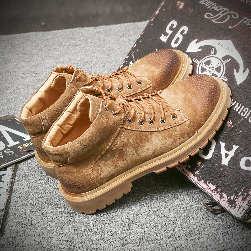 Leather Korean version men's new plus velvet warm cotton shoes in the high to help desert tooling boots