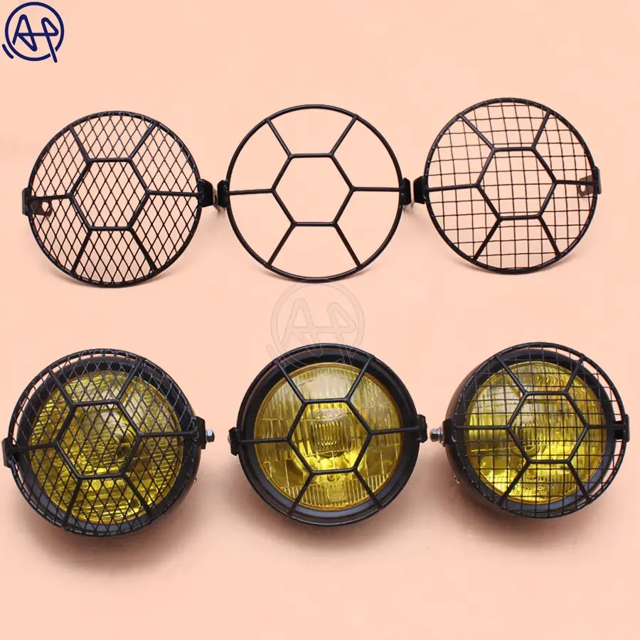 

Motorcycle Amber 12V Hi/Low Bean Bulb Front Headlight+Metal Retro Football Style Grill Mask For Honda CB100 CB125S GN125 CG125