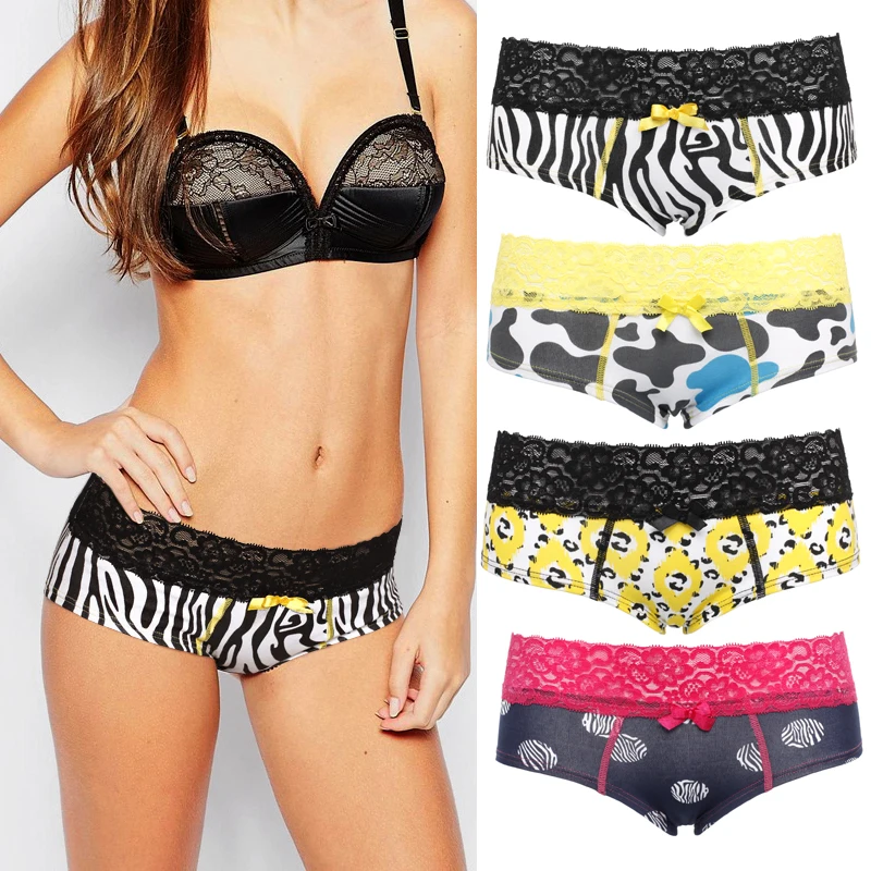 

4pcs/lot Pink Heroes Fashion Cotton Women Briefs Zebra/ Cow/ Leopard Printing Sexy Women Underwear Lace Belt Girl Panties