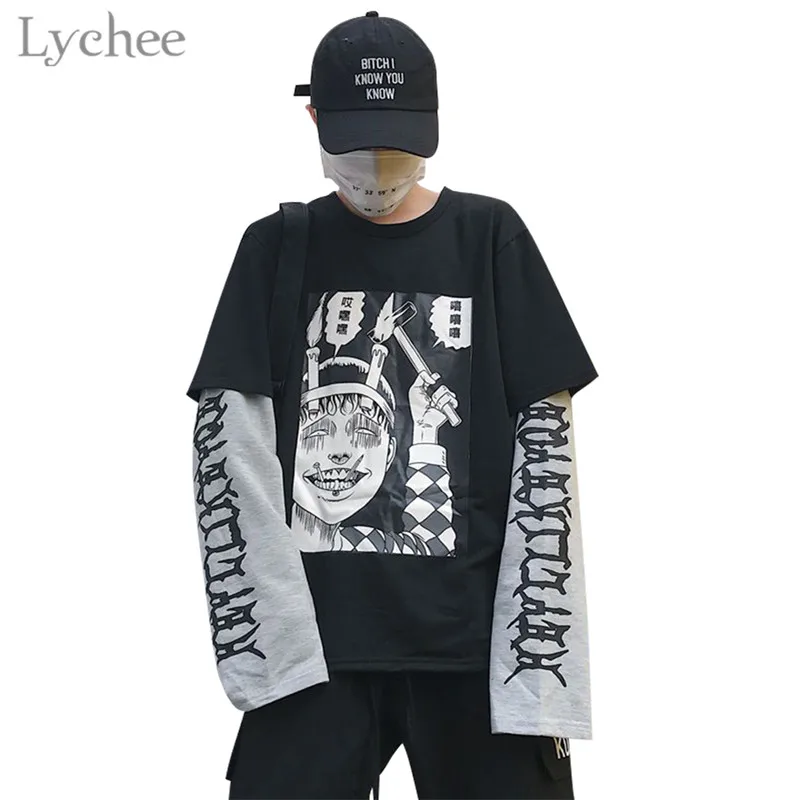 Lychee Harajuku Japanese Junji Ito Anime Print Women T-Shirt Fake 2 Pieces O-Neck Long Sleeve Casual Loose Female T-shirt