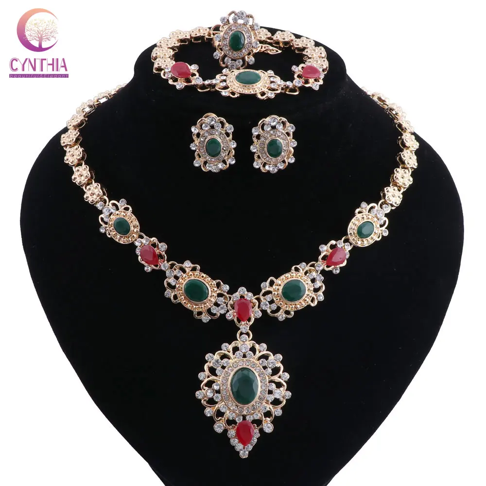 

Gold color Crystal Plum blossom Necklace Bracelet Women's Earrings Ring Set For Nigerian Wedding African Beads Jewelry Set