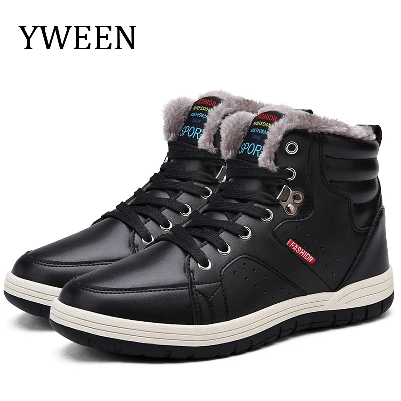 

YWEEN Mens Leather Boots Thick Fur Casual Shoes Men High Top Winter Shoes Lace Up Men Shoes size 39-48