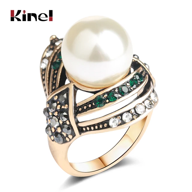 Kinel Vintage Jewelry Pearl Ring For Women Antique Gold Wedding Party Female Turkish Jewelry 2018 New
