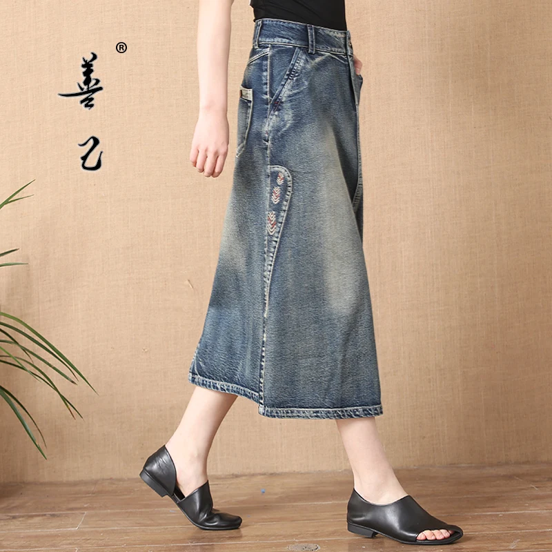 Free Shipping 2021 New Fashion Women Skirt Casual  A-line Long Mid-calf Plus Size S-3XL Skirts With Pockets Embroidery Skirts dresses for women 2021 solid color sleeveless square neck pockets cotton linen apron loose long dress casual overalls