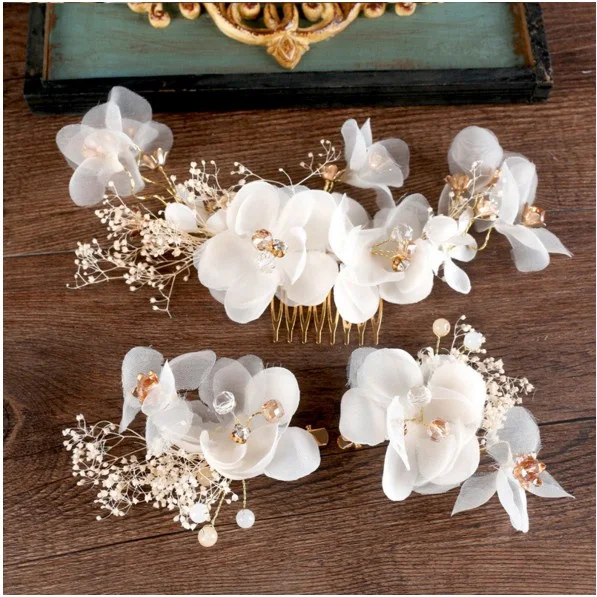 Kopen Nieuwe witte onsterfelijke cr ecirc;pe bloem comb barrette sets bruid hoofddeksels bruids haaraccessoires