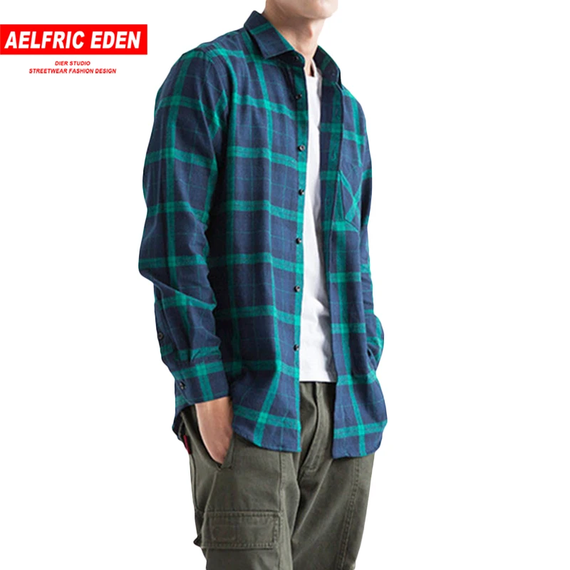 Prix Aelfric Eden Hommes Chemise Casual Streetwear Flanelle Déchiré Plaid Chemise À Manches Longues Homme Hiver Turn down Collar Hip Hop chemises Ae018