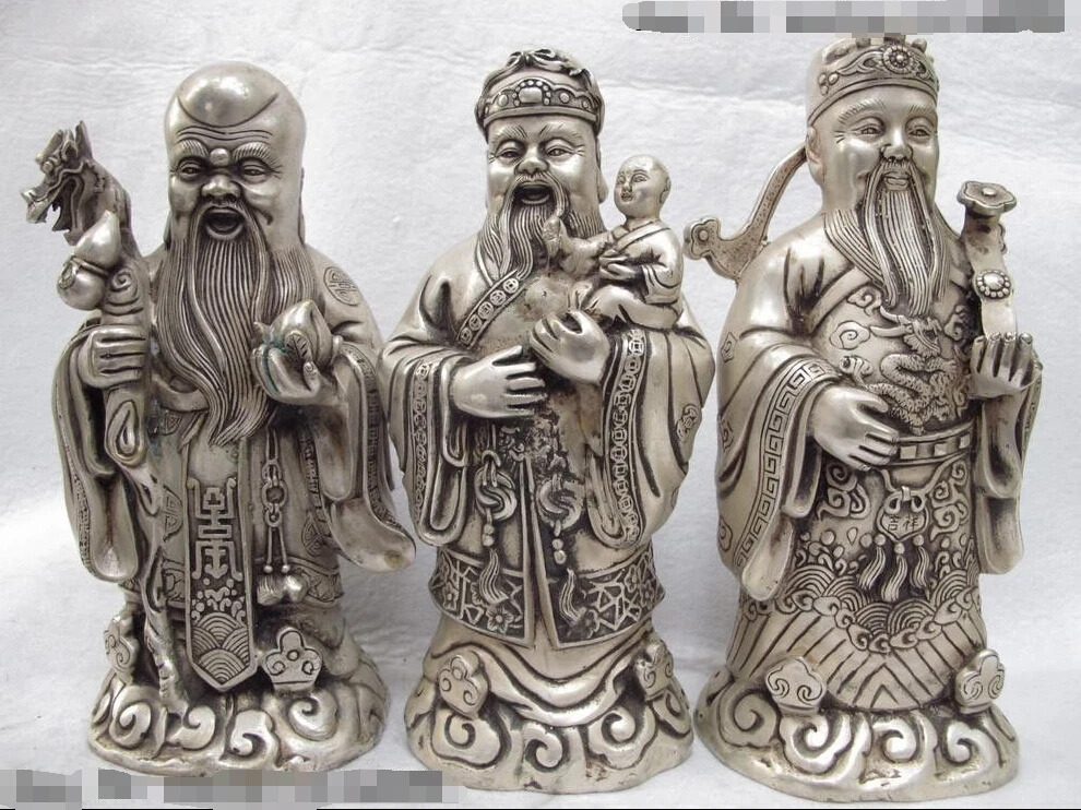

zhrui6653<<9.5 White Copper Bronze Silver Three Longevity God Fu Lu Shou Buddha Statue set