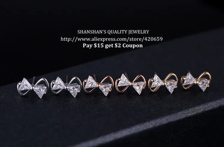 Noble Rose Gold Plated Zircon High Quality Bow Designed Little Stud Earrings USA Russia Brazil Free Shipping | Украшения и