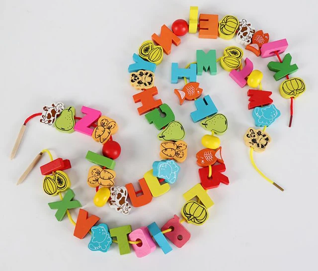 26pcs Wooden Toys Baby DIY Toy Cartoon Fruit Animal Stringing Threading Wooden beads Toy Monterssori Educational for Kids GYH 5
