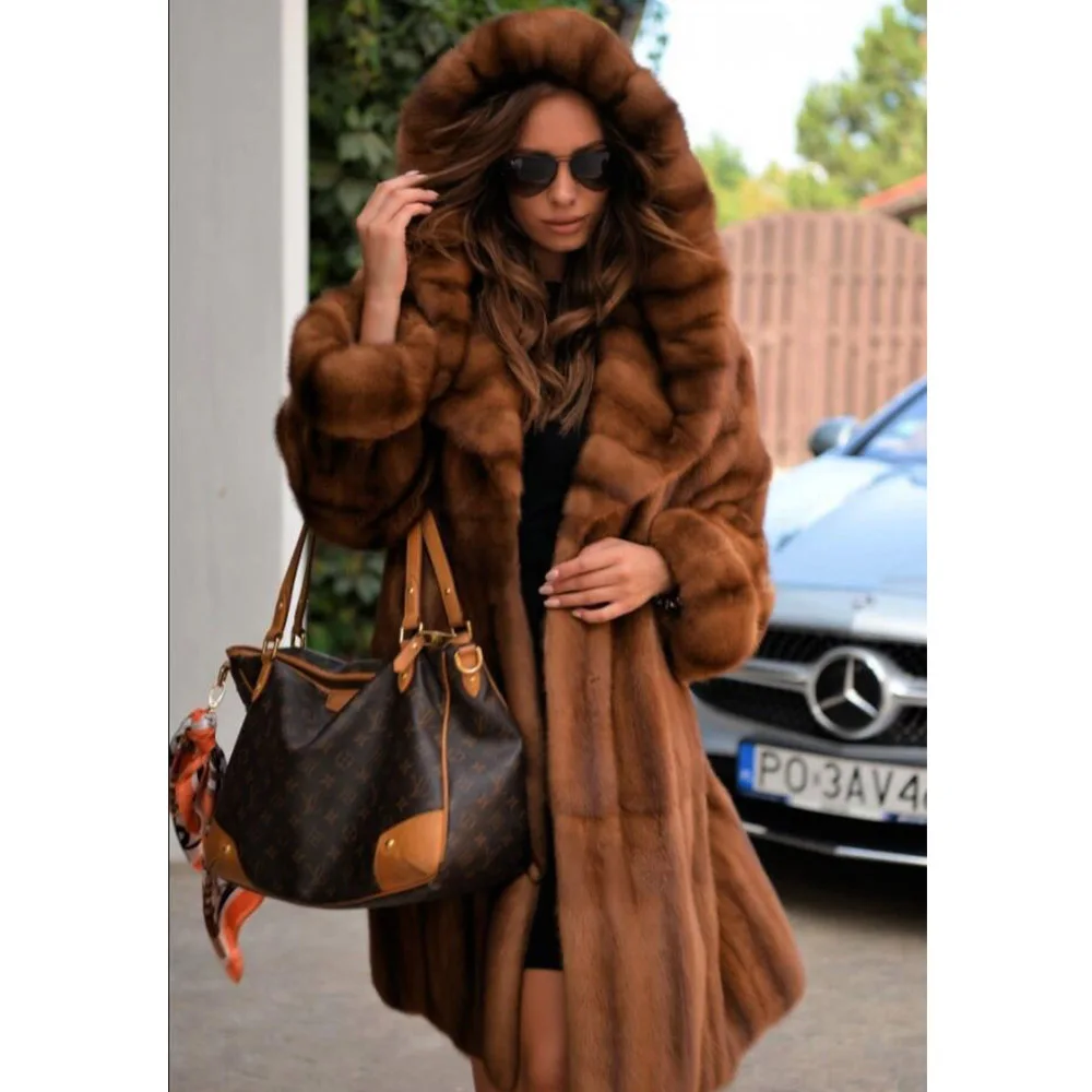 

Import Real Mink Fur Coats With Hood Autumn Winter Warm Slim New Fashion Jackets Manual Customized Casual Women Overcoats