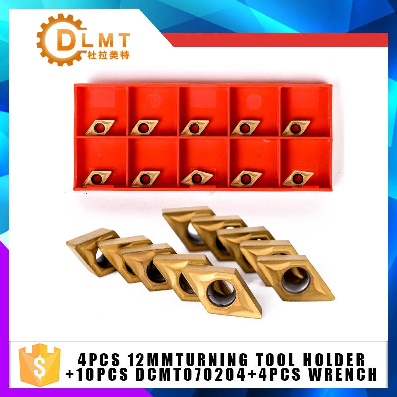 10 шт. DCMT070204 карбидные вставки+ 4Pcs12mm токарный инструмент держатель токарный станок расточной бар+ 4 шт. гаечный ключ