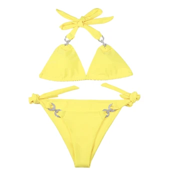 

Swimwear Bikini Solid Color Swimwear Women'S Bikini Set Hand-Studded Lace Splicing High-End Bikini Split Swimsuit Yellow M-Cod