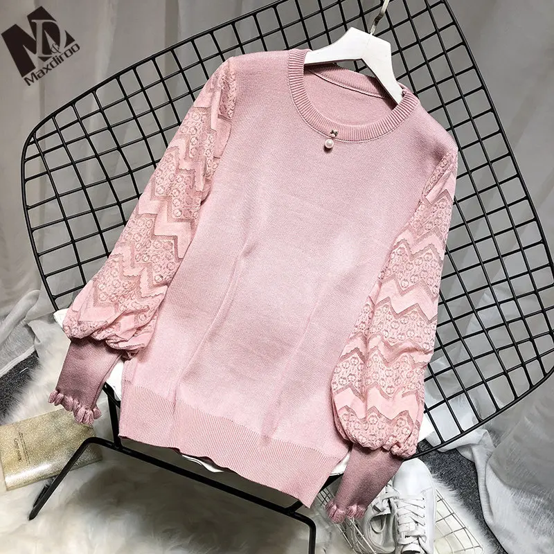 MAXDIROO Women2019 Autumn Lace Lantern Sleeve Pullover And Sweaters Pear Beaded Elegant Pull Femme Sweater Mujer | Женская одежда
