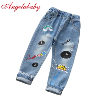 

2019 Girls Cartoon Graffiti Ripped Jeans 2019 Spring Printing Loose Nine Minutes of Pants S8905 Children's Wear Pants