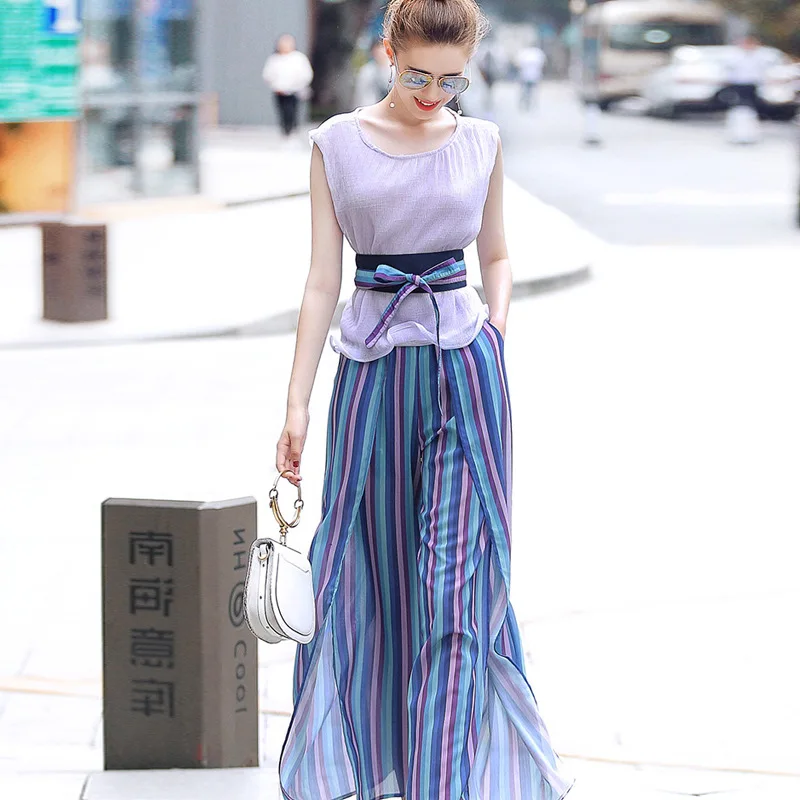 

Summer Two Piece Set Tube Top Split Skirt Robe Vestidos 2 Piece Women Casual Sets Clothes Chiffon Blouse Tops Leg Pants Summer