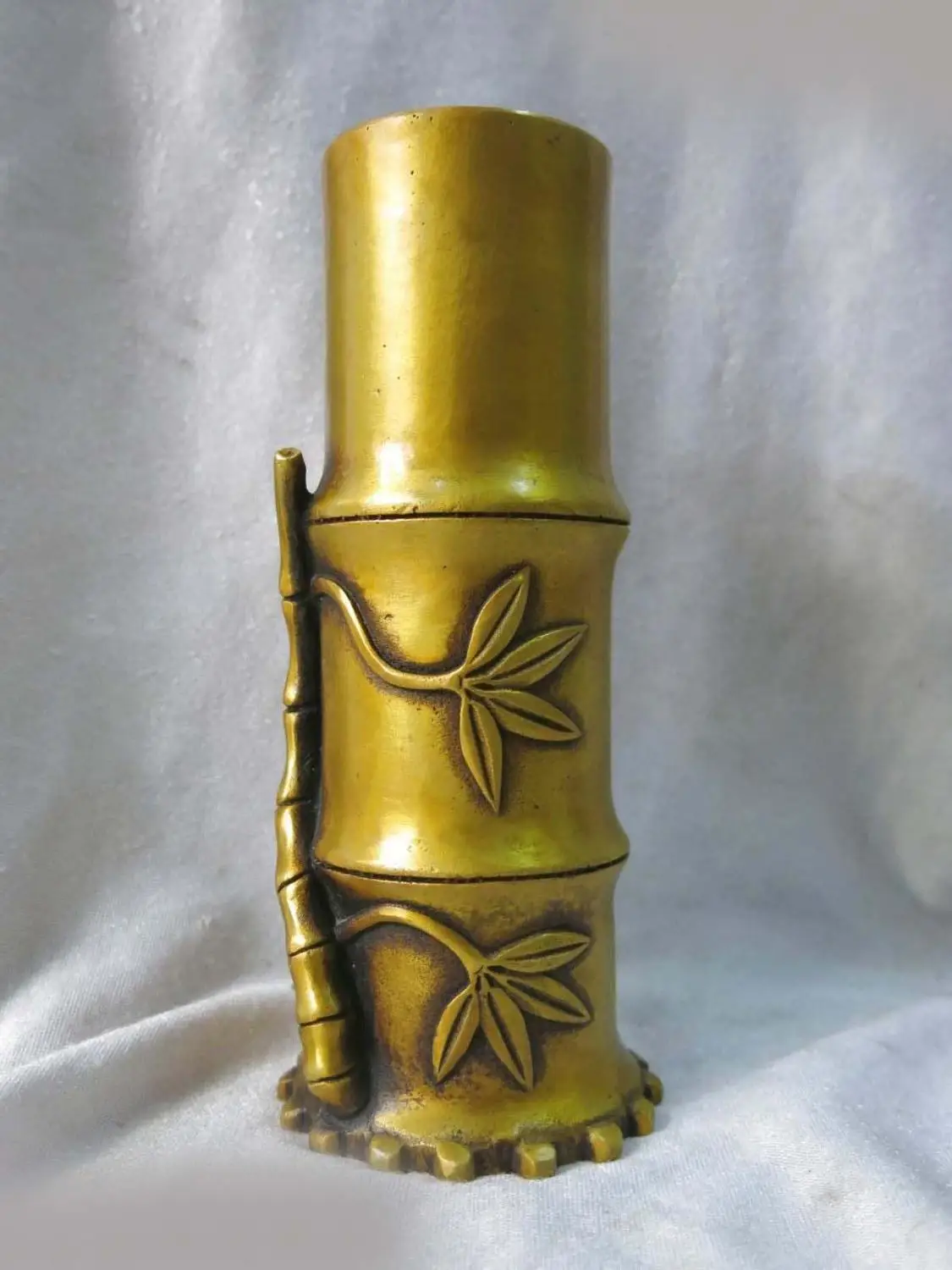

DS 7" China fine brass copper sculpture carved beautiful bamboo Brush Pot Statue