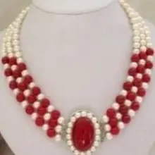 Прекрасная леди 3 ряд белый жемчуг красный коралл застежка ожерелья ювелирные изделия застежка женщина слово