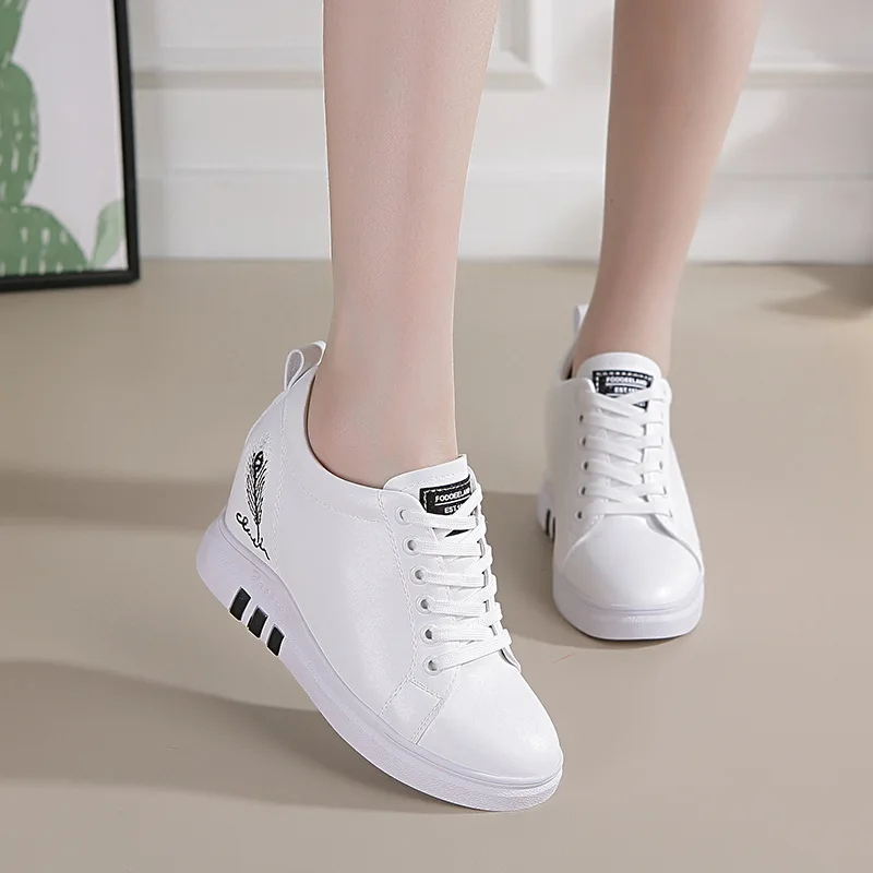 

Hide Heels Women White Sneakers Lace Up Leather Casual Shoes Woman Platform Fashion Sneaker Breathable Ladies Single Shoes XU014