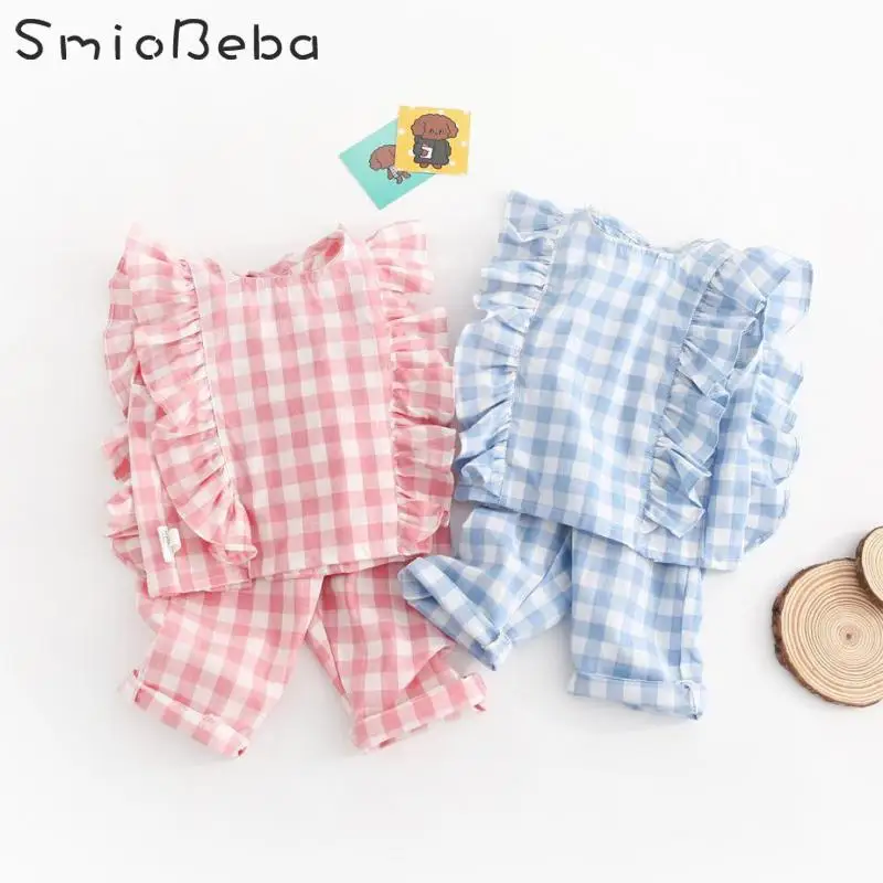 

Two Piece Plaid Set For Baby Girls Pink Long Pants Flying Sleeve Lattice Tie Shirt +Trousers Suit Tank Summer Baby Girls Clothes
