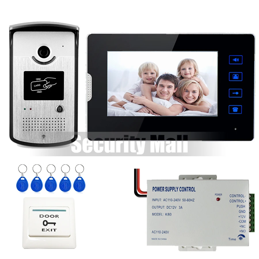 

Xinsilu   - Home Security Wired 7" Touch Screen Video Door Phone Intercom System + Waterproof RFID Access Camera Power Supply