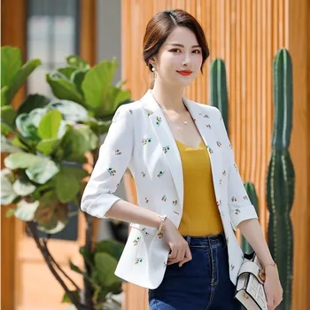 

Novelty White Fashion Printed Formal Blazers and Jackets Half Sleeve for Women Business Work Wear Jackets Coat Outwear Tops