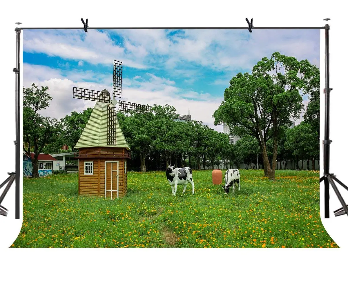 

7x5ft Pastoral Farm Backdrop Cozy Pastoral Farm Windmill Cow Photography Background and Studio Photography Backdrop Props