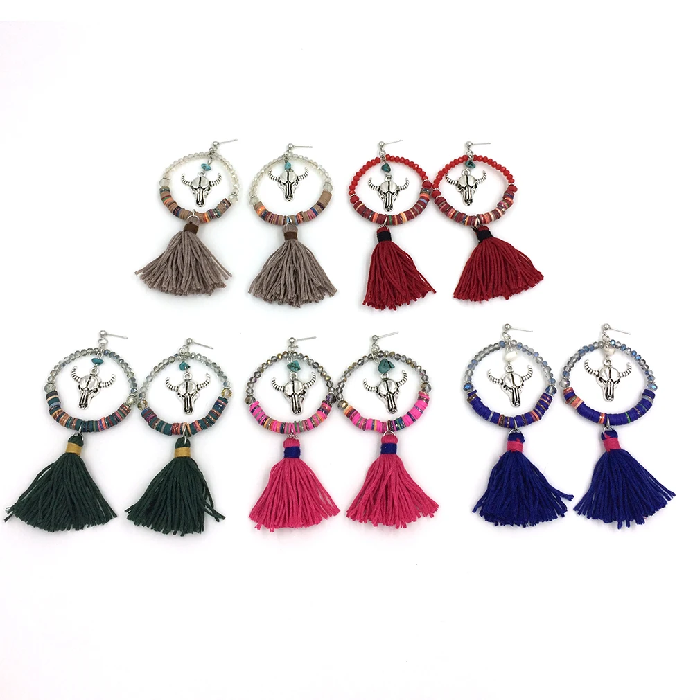 2017 new crystal beads dangle earrings with cotton tassel summer style Bull skull tauren taurus charms earrings antique silver
